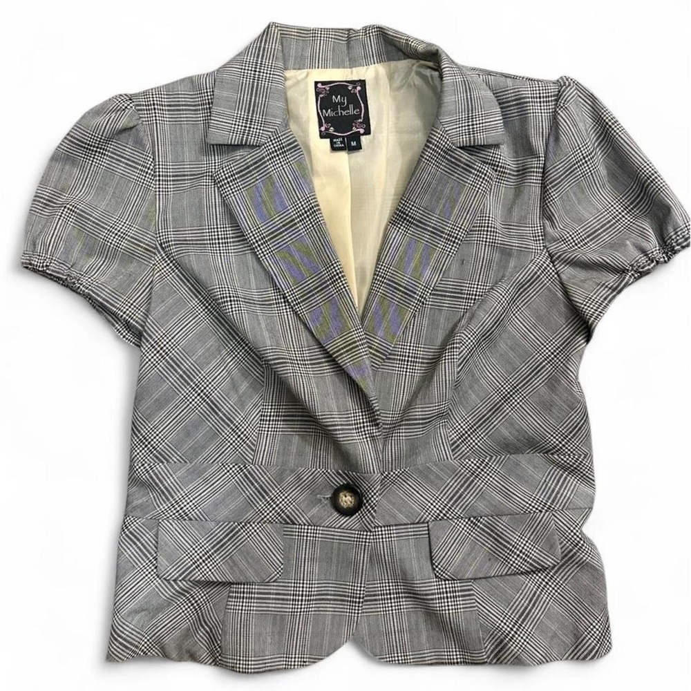 My Michelle Y2K Fitted Waist Plaid Blazer M Puff Sleeve Preppy